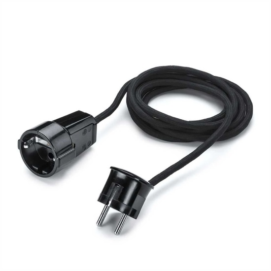 THPG 100855 Przedłużacz z wtyczką kątową i gniazdem, duroplast czarny, 2,5 m kabel w oplocie czarny