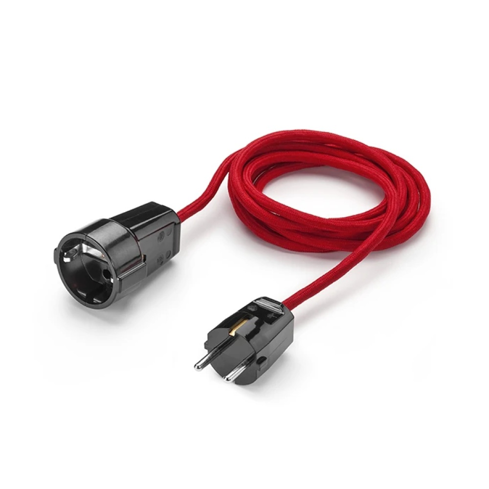 THPG 100856 Przedłużacz z gniazdem i wtyczką, duroplast czarny, 2,5 m kabel w oplocie czerwony