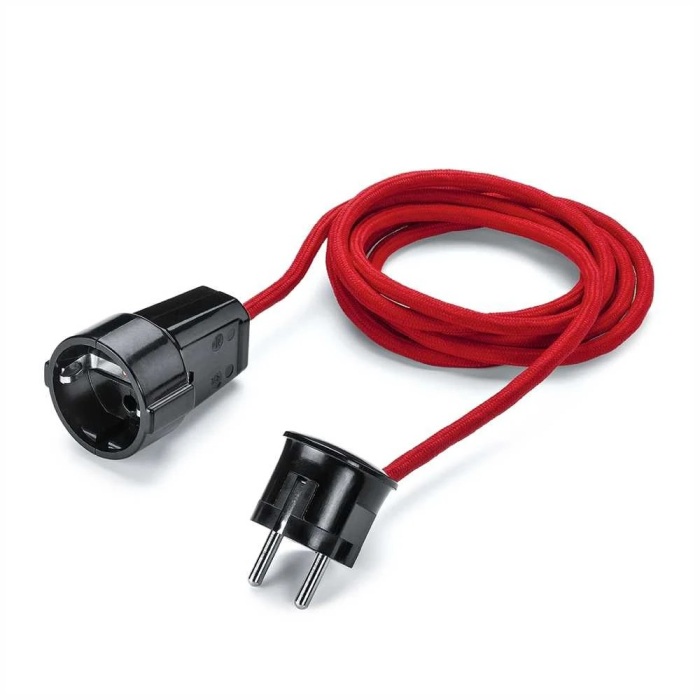 THPG 100857 Przedłużacz z wtyczką kątową i gniazdem, duroplast czarny, 2,5 m kabel w oplocie czerwony