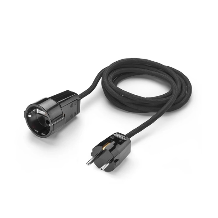 THPG 100858 Przedłużacz z gniazdem i wtyczką, duroplast czarny, 2,5 m kabel w oplocie czarny