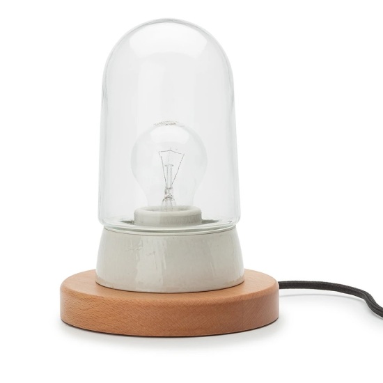 THPG 101851 Lampa cokołowa, porcelana biała, drewno bukowe, z kloszem długim przezroczystym