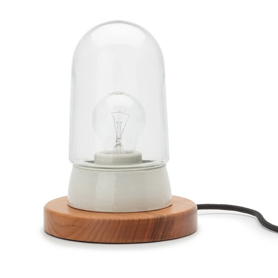 THPG 101853 Lampa cokołowa, porcelana biała, drewno wiśniowe, z kloszem długim przezroczystym