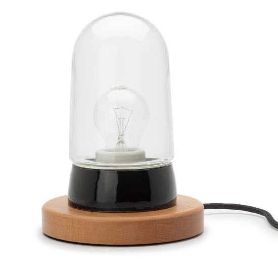 THPG 101862 Lampa cokołowa, porcelana czarna, drewno bukowe, z kloszem długim przezroczystym