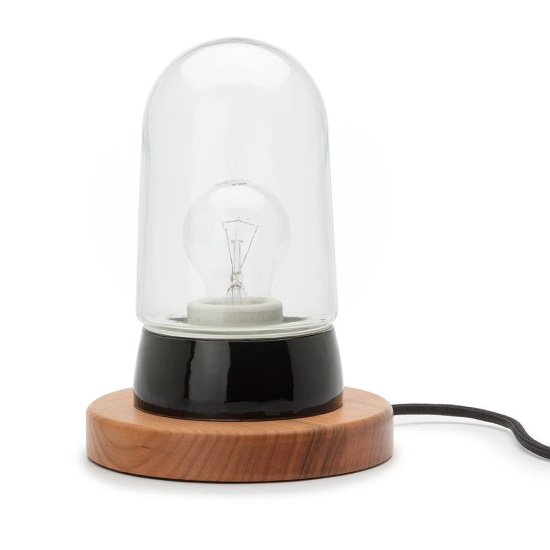 THPG 101864 Lampa cokołowa, porcelana czarna, drewno wiśniowe, z kloszem długim przezroczystym